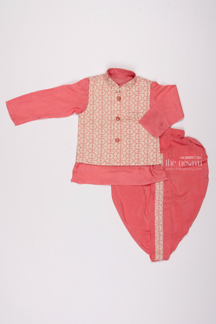 The Nesavu Boys Jacket Sets Pink Panache: Resham Embroidered Overcoat & Soft Pink Kurta with Traditional Panchagajam for Boys Nesavu Designer Boys Ethnic Kurta Panchagajam set | Latest Collection | The Nesavu