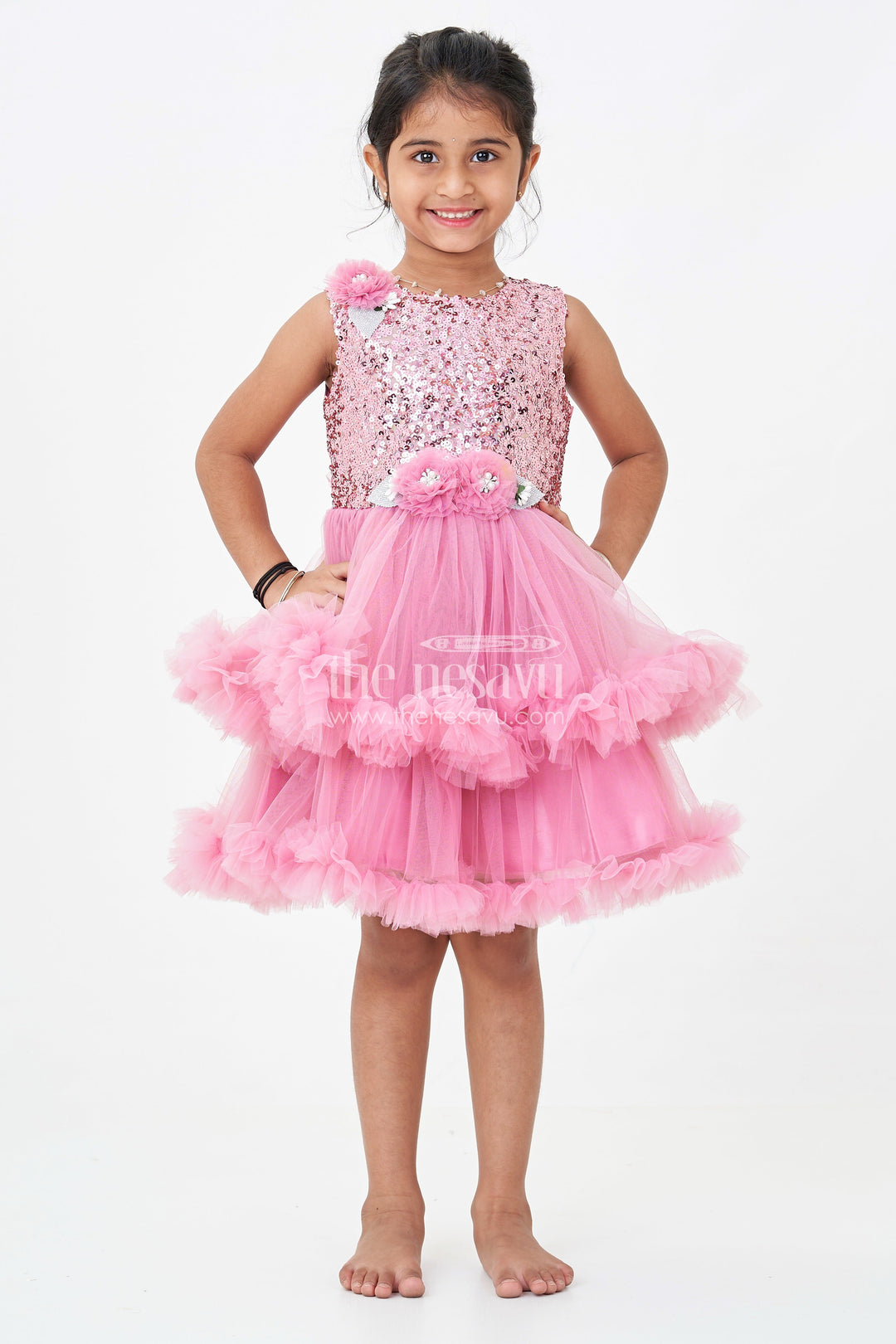 The Nesavu Girls Fancy Party Frock Pink Party Wear Dress for Girls in Net with Sequin Bodice and Frill Layered Skirt Nesavu 16 (1Y) / Pink PF220A-16 Pink Party Wear Dress Girls Sequin Yoke Net Frill Layers | The Nesavu