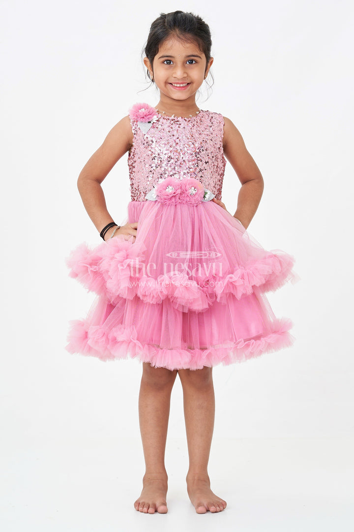 The Nesavu Girls Fancy Party Frock Pink Party Wear Dress for Girls in Net with Sequin Bodice and Frill Layered Skirt Nesavu 16 (1Y) / Pink PF220A-16 Pink Party Wear Dress Girls Sequin Yoke Net Frill Layers | The Nesavu