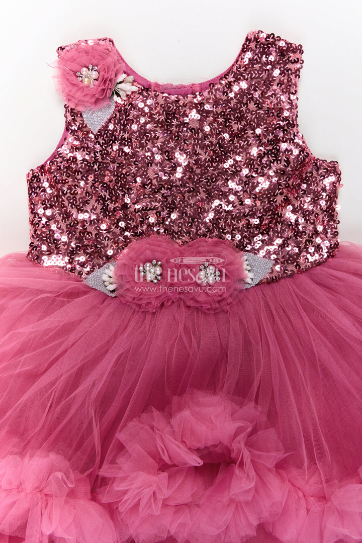 The Nesavu Girls Fancy Party Frock Pink Party Wear Dress for Girls in Net with Sequin Bodice and Frill Layered Skirt Nesavu Pink Party Wear Dress Girls Sequin Yoke Net Frill Layers | The Nesavu