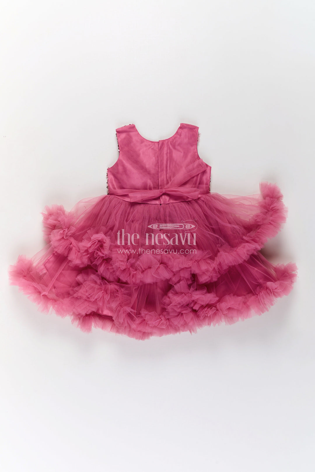 The Nesavu Girls Fancy Party Frock Pink Party Wear Dress for Girls in Net with Sequin Bodice and Frill Layered Skirt Nesavu Pink Party Wear Dress Girls Sequin Yoke Net Frill Layers | The Nesavu