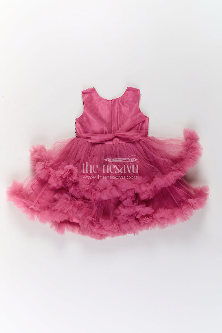 The Nesavu Girls Fancy Party Frock Pink Party Wear Dress for Girls in Net with Sequin Bodice and Frill Layered Skirt Nesavu Pink Party Wear Dress Girls Sequin Yoke Net Frill Layers | The Nesavu