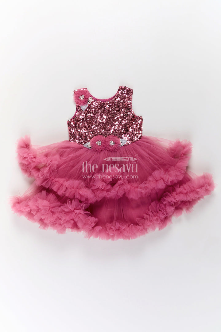The Nesavu Girls Fancy Party Frock Pink Party Wear Dress for Girls in Net with Sequin Bodice and Frill Layered Skirt Nesavu Pink Party Wear Dress Girls Sequin Yoke Net Frill Layers | The Nesavu