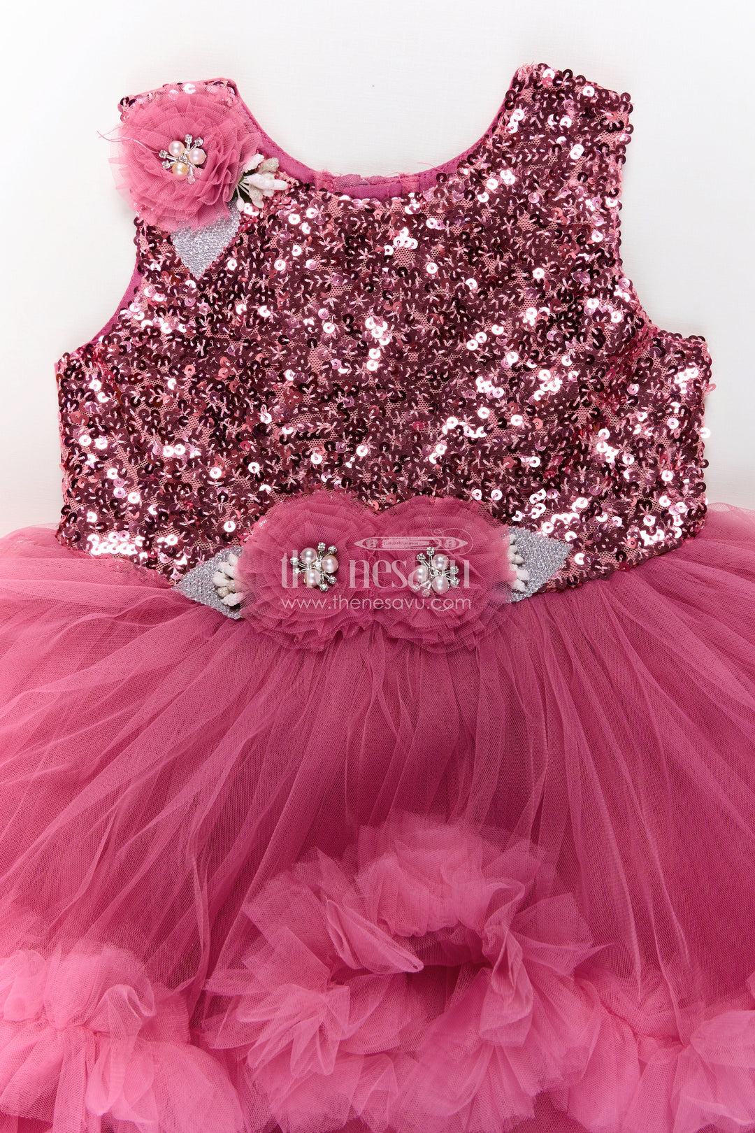 The Nesavu Girls Fancy Party Frock Pink Party Wear Dress for Girls in Net with Sequin Bodice and Frill Layered Skirt Nesavu Pink Party Wear Dress Girls Sequin Yoke Net Frill Layers | The Nesavu