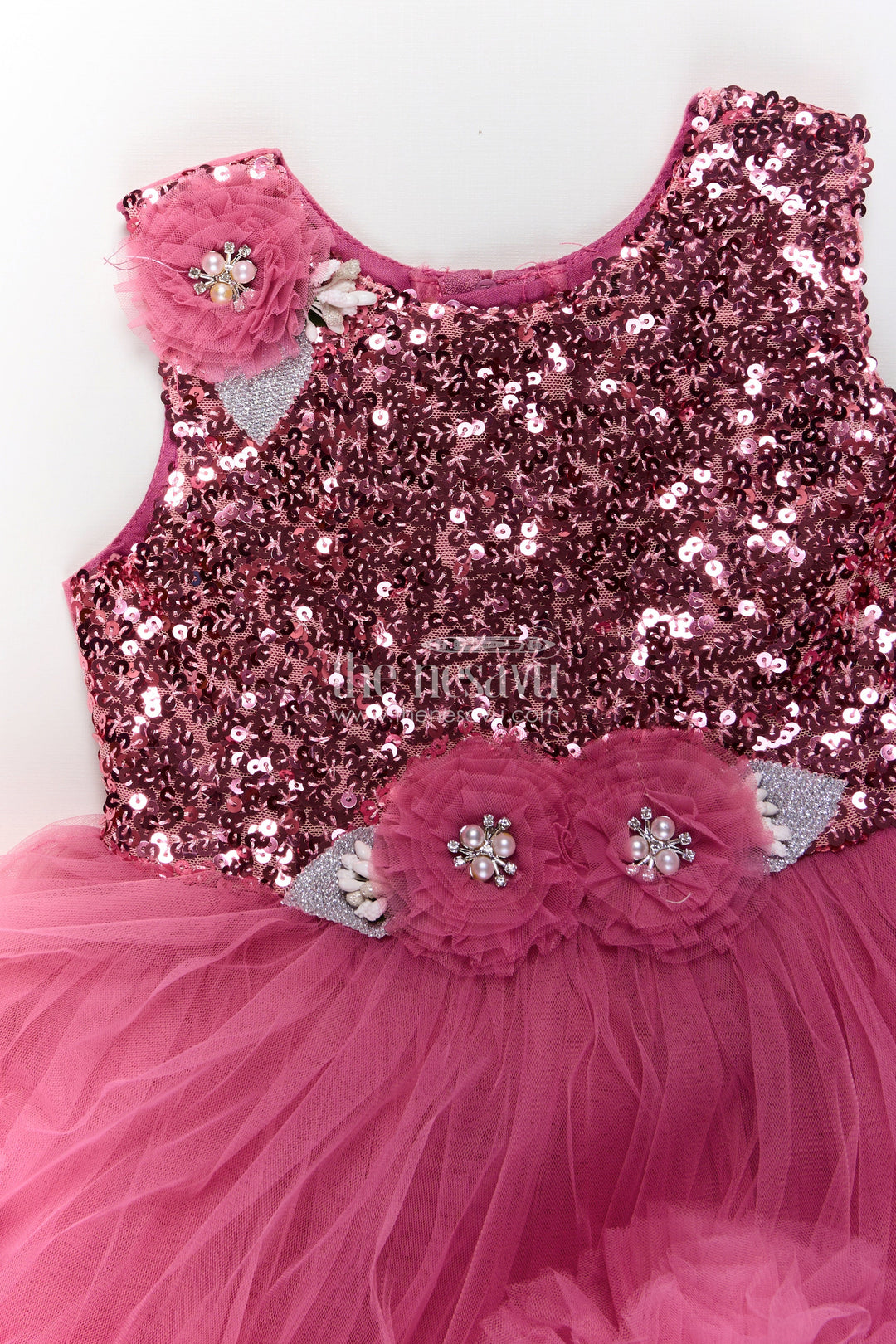 The Nesavu Girls Fancy Party Frock Pink Party Wear Dress for Girls in Net with Sequin Bodice and Frill Layered Skirt Nesavu Pink Party Wear Dress Girls Sequin Yoke Net Frill Layers | The Nesavu