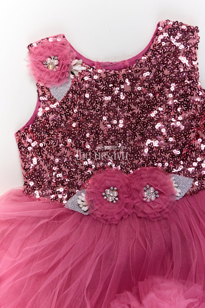 The Nesavu Girls Fancy Party Frock Pink Party Wear Dress for Girls in Net with Sequin Bodice and Frill Layered Skirt Nesavu Pink Party Wear Dress Girls Sequin Yoke Net Frill Layers | The Nesavu
