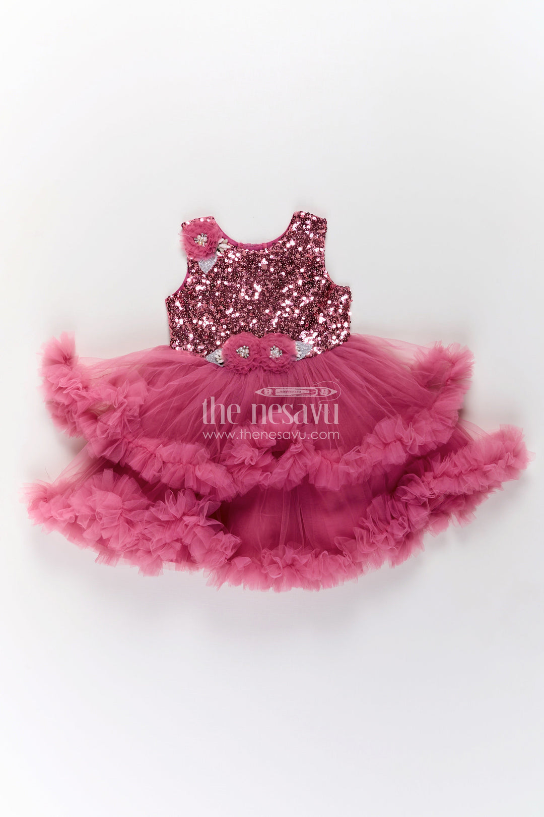 The Nesavu Girls Fancy Party Frock Pink Party Wear Dress for Girls in Net with Sequin Bodice and Frill Layered Skirt Nesavu Pink Party Wear Dress Girls Sequin Yoke Net Frill Layers | The Nesavu