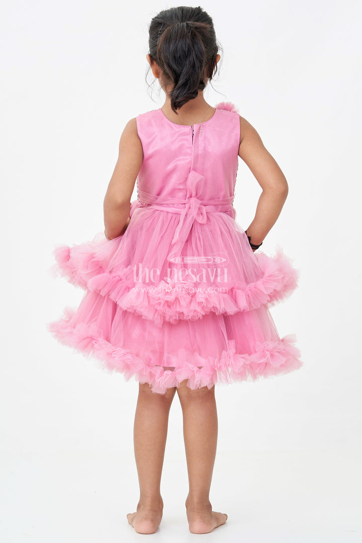 The Nesavu Girls Fancy Party Frock Pink Party Wear Dress for Girls in Net with Sequin Bodice and Frill Layered Skirt Nesavu Pink Party Wear Dress Girls Sequin Yoke Net Frill Layers | The Nesavu