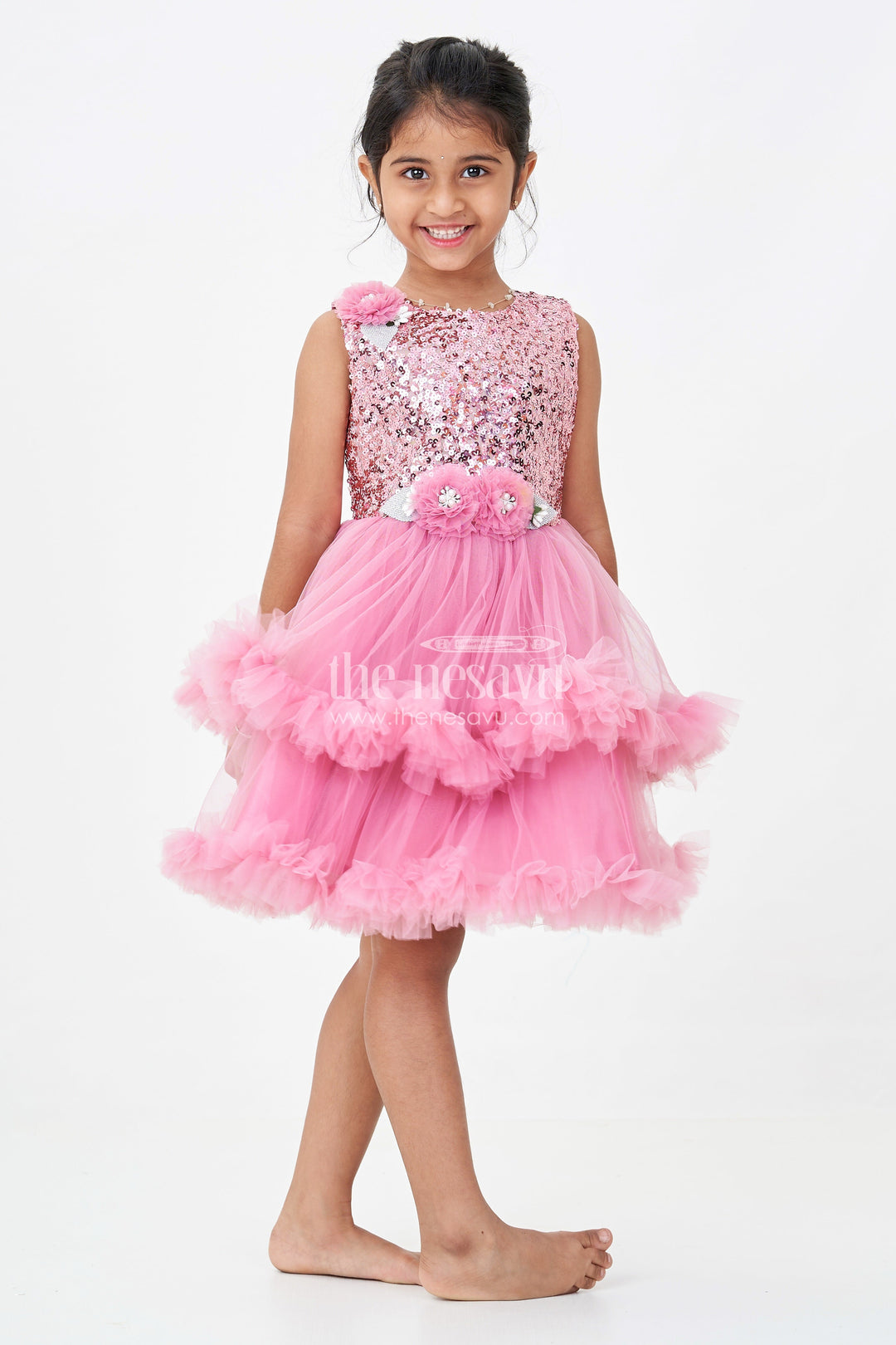 The Nesavu Girls Fancy Party Frock Pink Party Wear Dress for Girls in Net with Sequin Bodice and Frill Layered Skirt Nesavu Pink Party Wear Dress Girls Sequin Yoke Net Frill Layers | The Nesavu