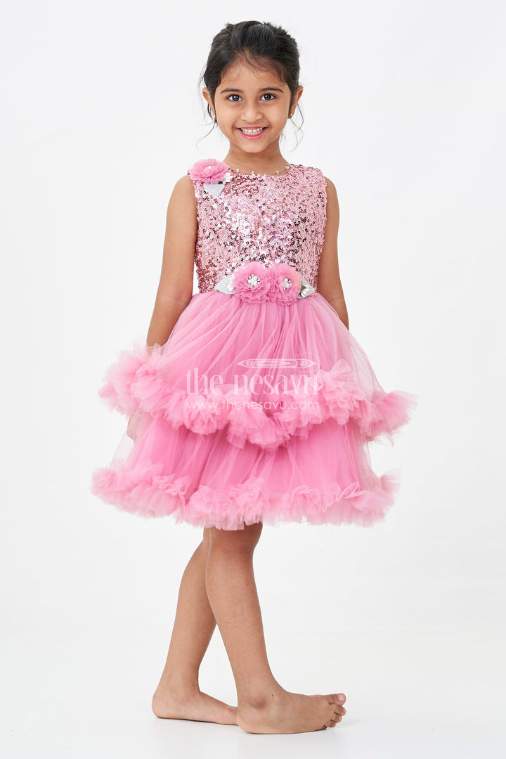 The Nesavu Girls Fancy Party Frock Pink Party Wear Dress for Girls in Net with Sequin Bodice and Frill Layered Skirt Nesavu Pink Party Wear Dress Girls Sequin Yoke Net Frill Layers | The Nesavu