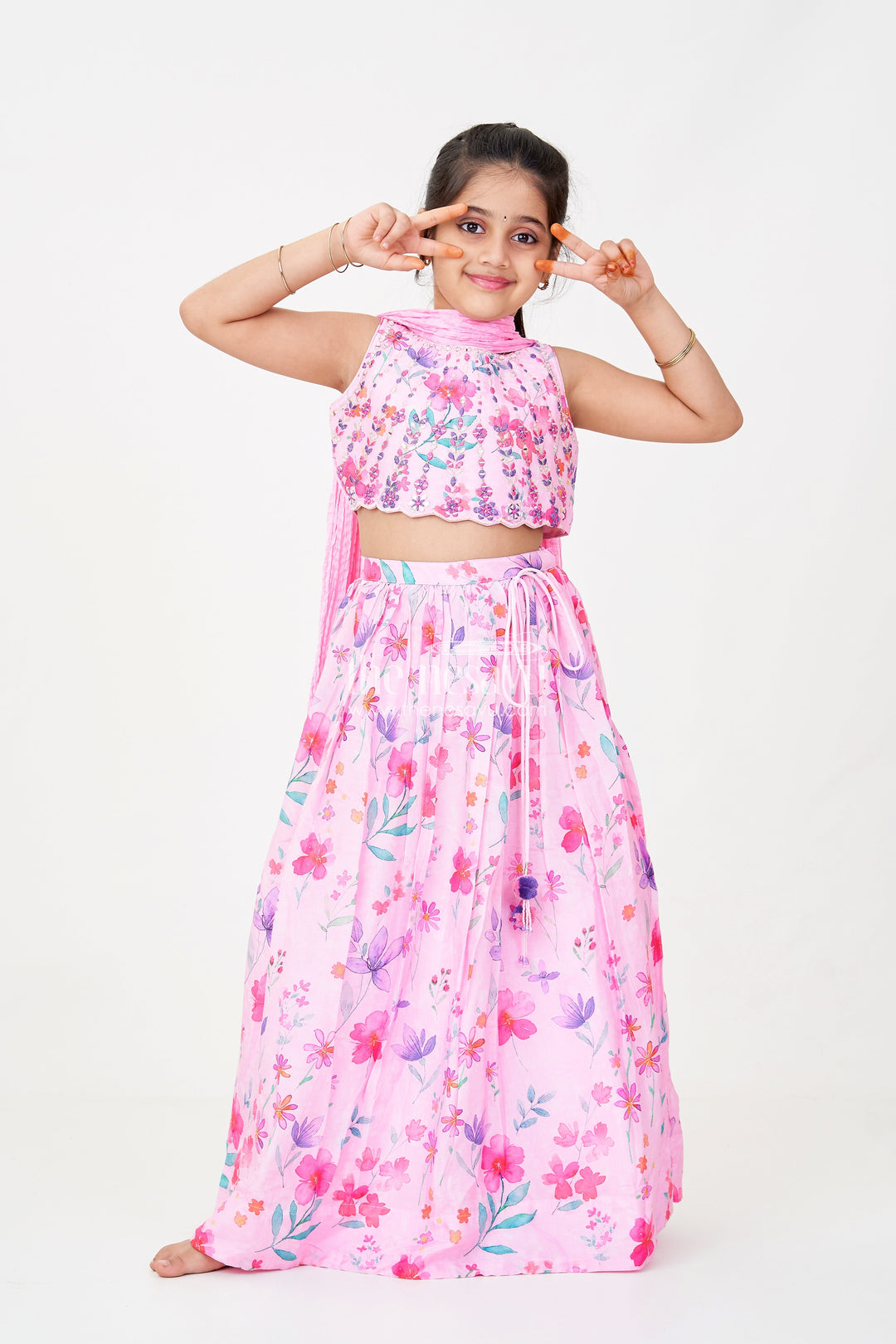 The Nesavu Girls Lehenga Choli Pink Party Wear Lehenga Choli for Girls in Viscose Silk with Mirror Embroidered Yoke and Floral Printed Skirt Nesavu 16 (1Y) / Pink GL627A-16 Pink Party Wear Girls Lehenga Choli with Floral Print and Mirror Embroidered Viscose Silk Top | The Nesavu