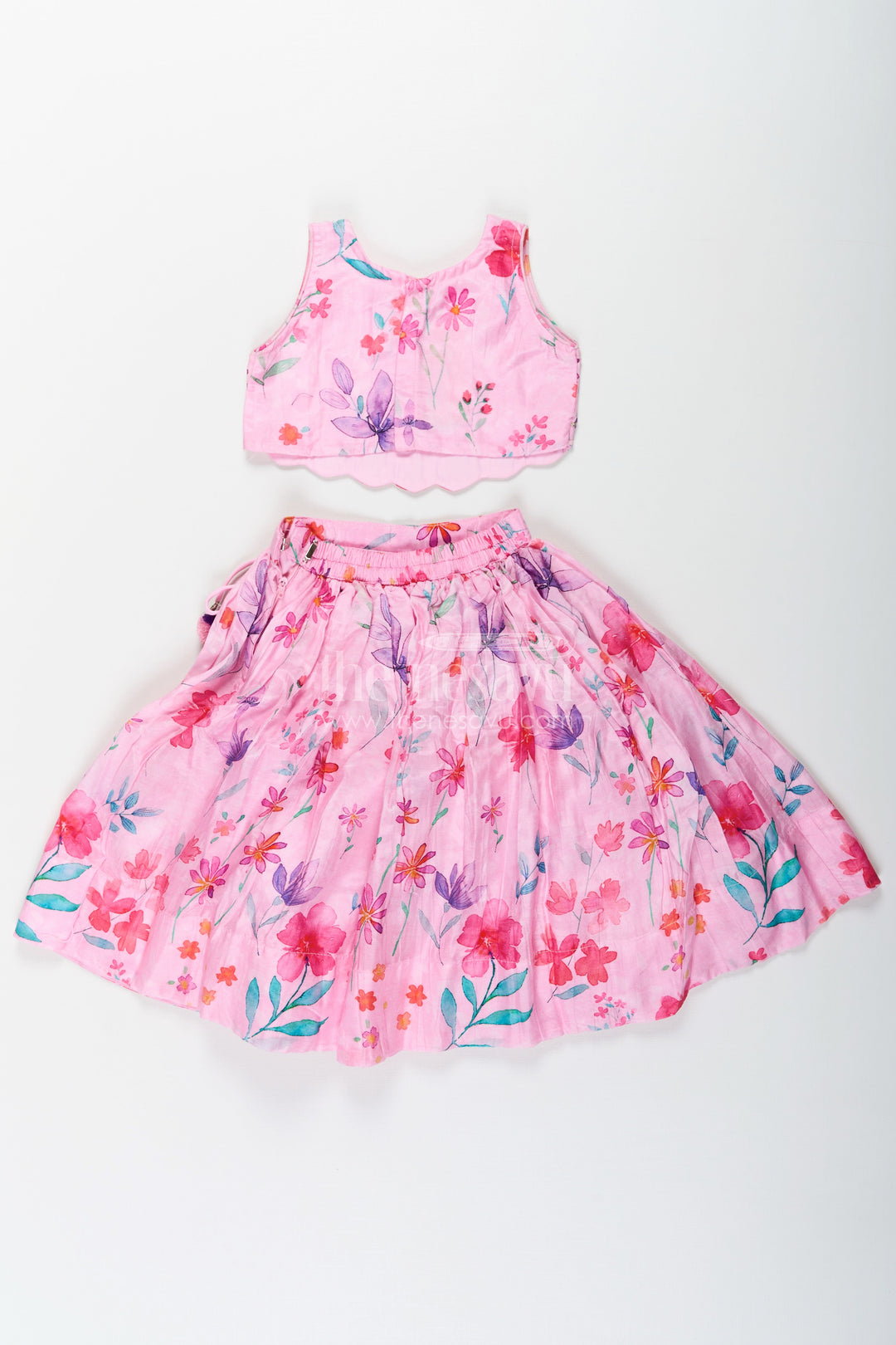 The Nesavu Girls Lehenga Choli Pink Party Wear Lehenga Choli for Girls in Viscose Silk with Mirror Embroidered Yoke and Floral Printed Skirt Nesavu Pink Party Wear Girls Lehenga Choli with Floral Print and Mirror Embroidered Viscose Silk Top | The Nesavu