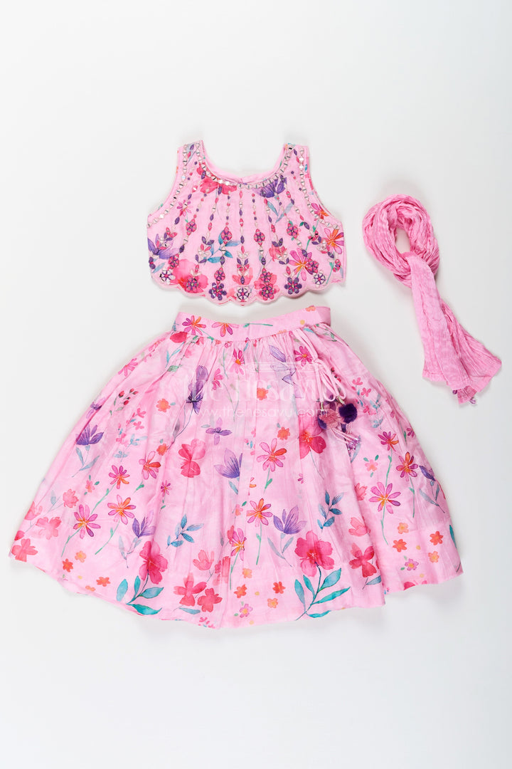 The Nesavu Girls Lehenga Choli Pink Party Wear Lehenga Choli for Girls in Viscose Silk with Mirror Embroidered Yoke and Floral Printed Skirt Nesavu Pink Party Wear Girls Lehenga Choli with Floral Print and Mirror Embroidered Viscose Silk Top | The Nesavu