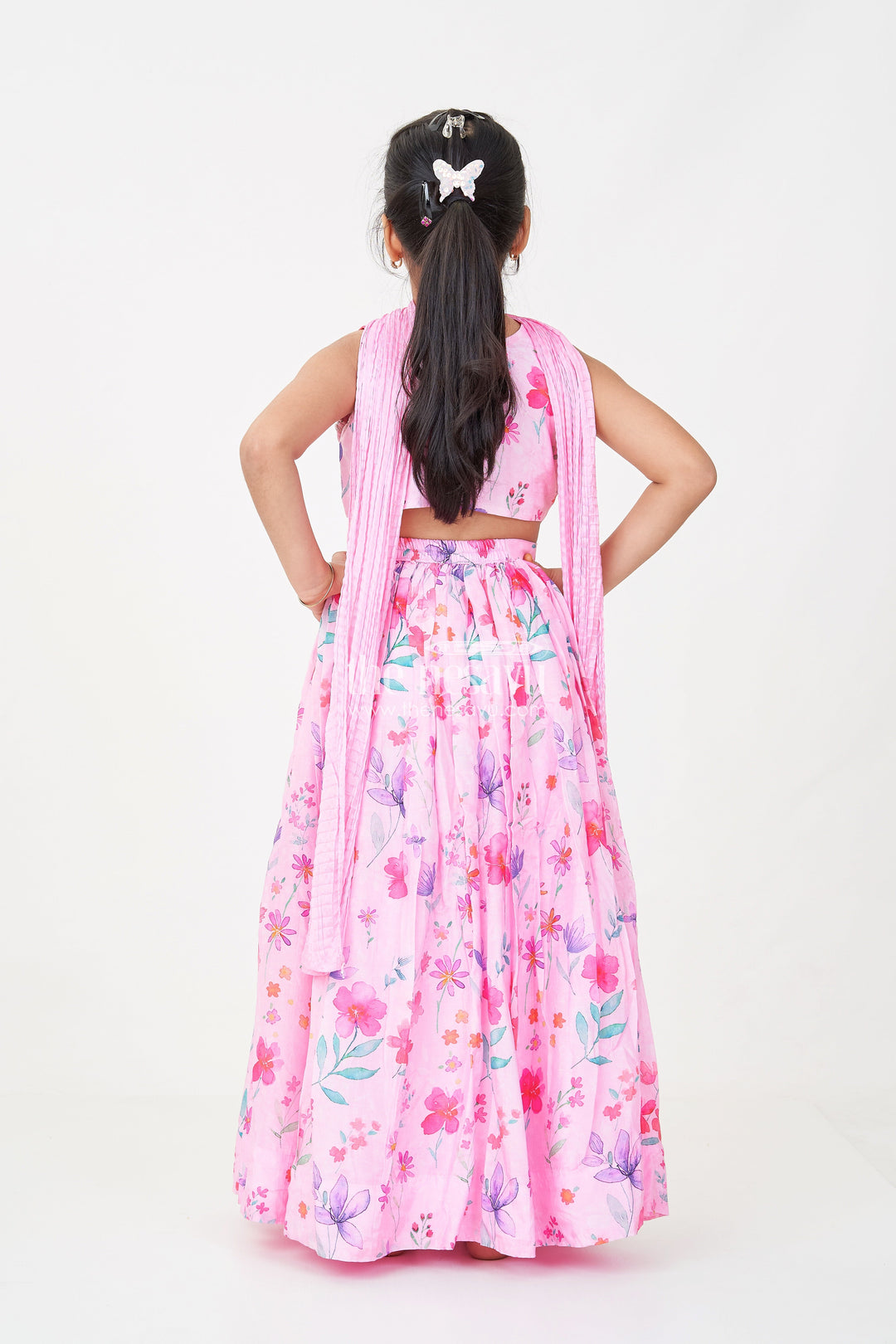 The Nesavu Girls Lehenga Choli Pink Party Wear Lehenga Choli for Girls in Viscose Silk with Mirror Embroidered Yoke and Floral Printed Skirt Nesavu Pink Party Wear Girls Lehenga Choli with Floral Print and Mirror Embroidered Viscose Silk Top | The Nesavu