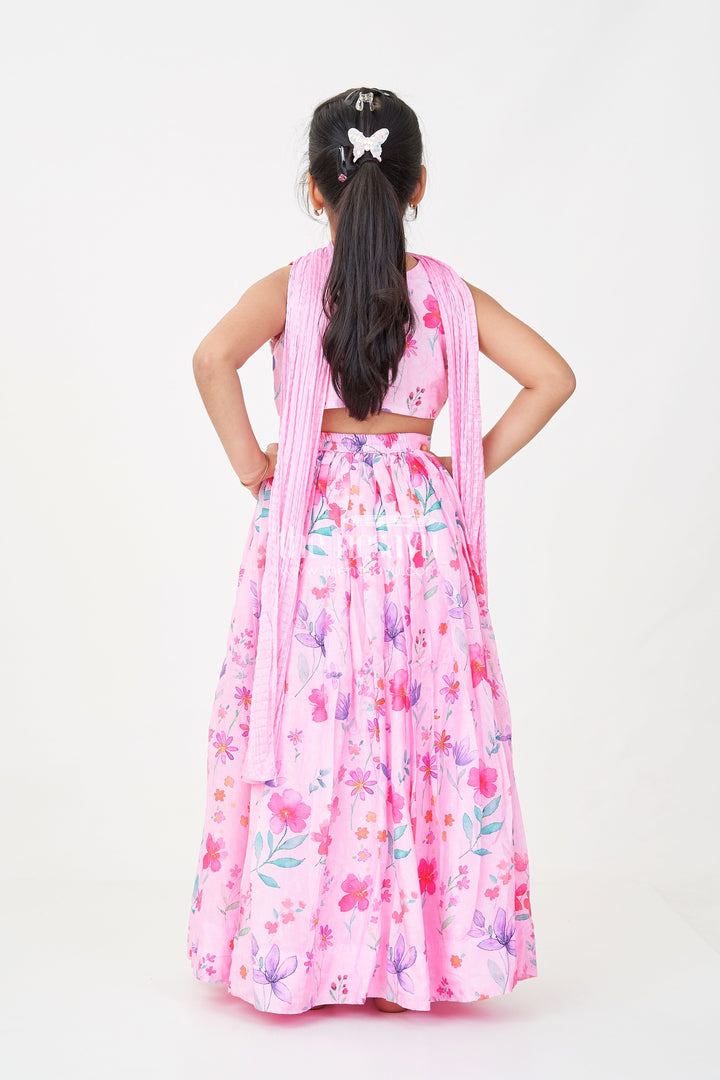 The Nesavu Girls Lehenga Choli Pink Party Wear Lehenga Choli for Girls in Viscose Silk with Mirror Embroidered Yoke and Floral Printed Skirt Nesavu Pink Party Wear Girls Lehenga Choli with Floral Print and Mirror Embroidered Viscose Silk Top | The Nesavu