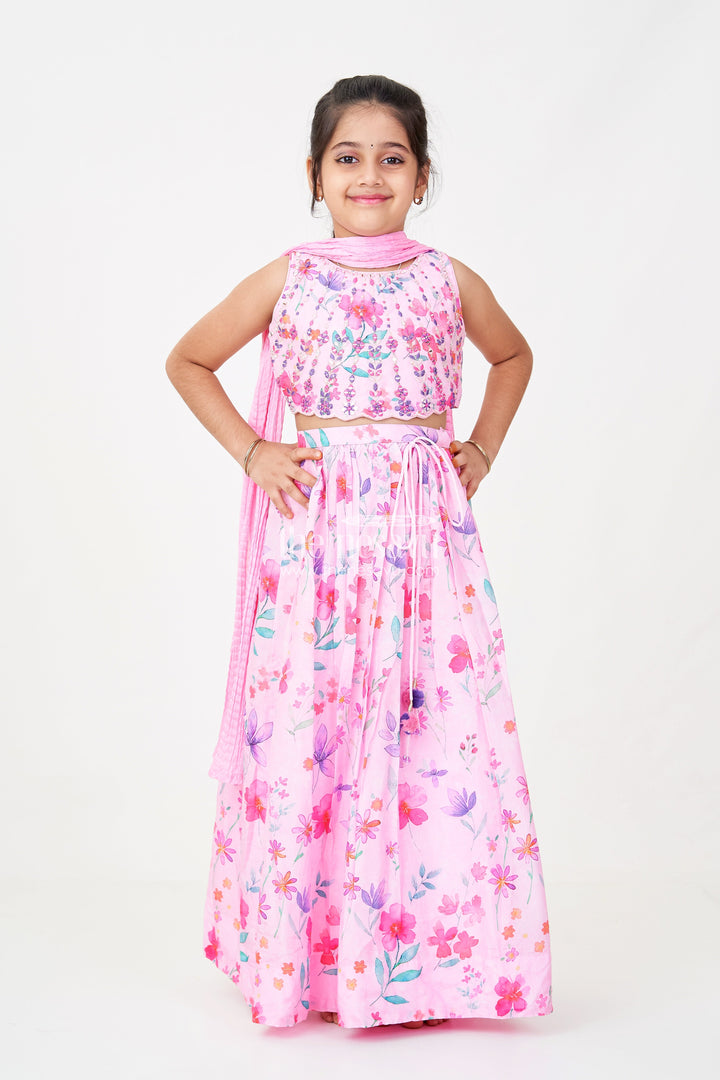 The Nesavu Girls Lehenga Choli Pink Party Wear Lehenga Choli for Girls in Viscose Silk with Mirror Embroidered Yoke and Floral Printed Skirt Nesavu Pink Party Wear Girls Lehenga Choli with Floral Print and Mirror Embroidered Viscose Silk Top | The Nesavu