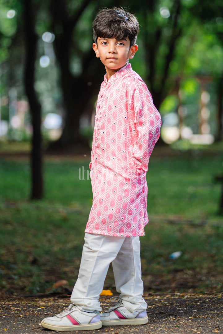 The Nesavu Boys Dothi Set Pink Passion: Mirror-Embroidered Geometric Printed Kurta & Panjagacham Set for Boys Nesavu 12 (3M) / Pink / Silk Blend BES399D-12 Silk Kurta with Dhoti for Boys | Comfort Meets Tradition | The Nesavu