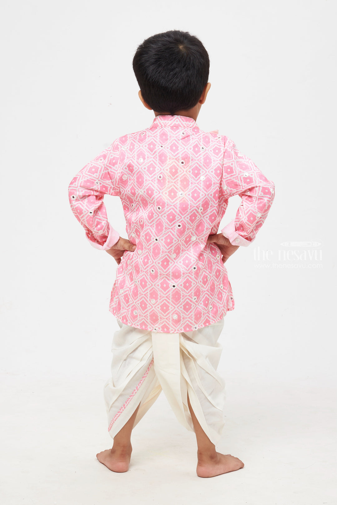 The Nesavu Boys Dothi Set Pink Passion: Mirror-Embroidered Geometric Printed Kurta & Panjagacham Set for Boys Nesavu Silk Kurta with Dhoti for Boys | Comfort Meets Tradition | The Nesavu