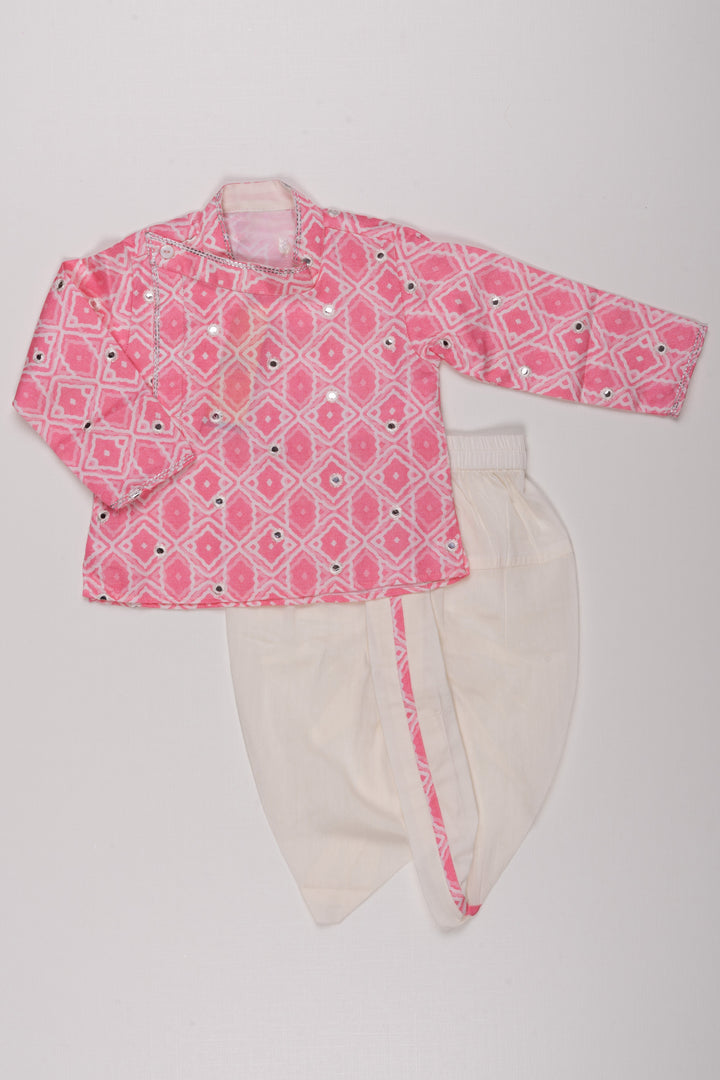 The Nesavu Boys Dothi Set Pink Passion: Mirror-Embroidered Geometric Printed Kurta & Panjagacham Set for Boys Nesavu Silk Kurta with Dhoti for Boys | The Nesavu