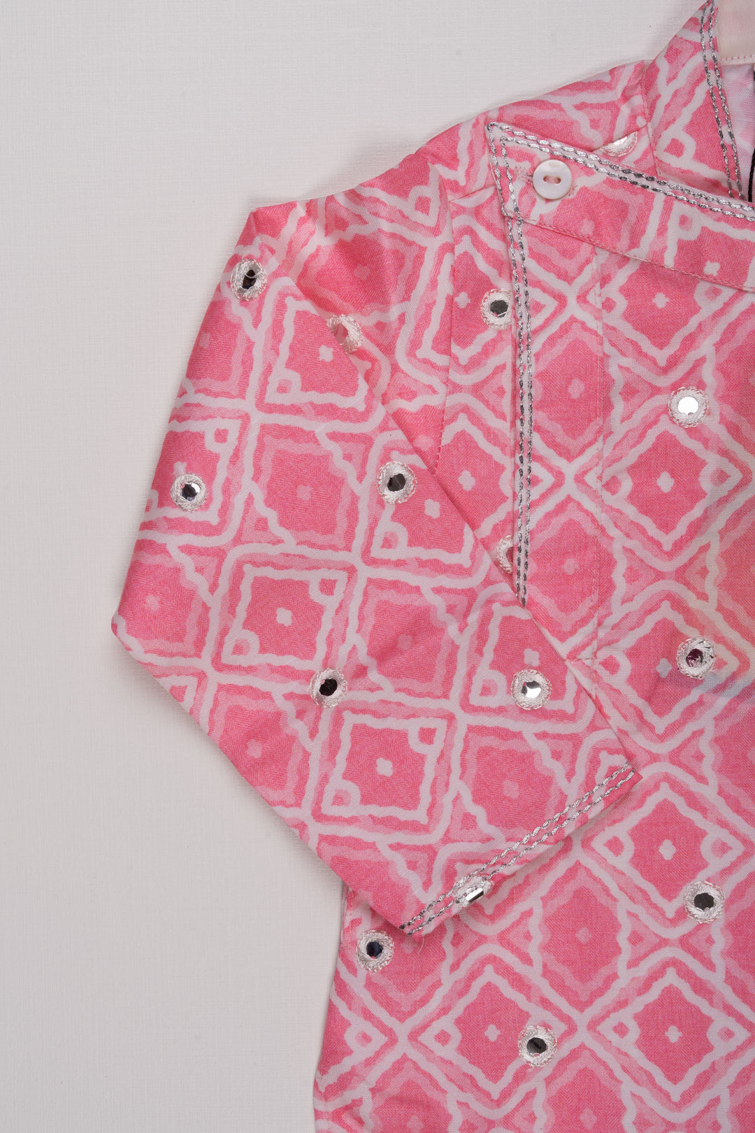 The Nesavu Boys Dothi Set Pink Passion: Mirror-Embroidered Geometric Printed Kurta & Panjagacham Set for Boys Nesavu Silk Kurta with Dhoti for Boys | The Nesavu