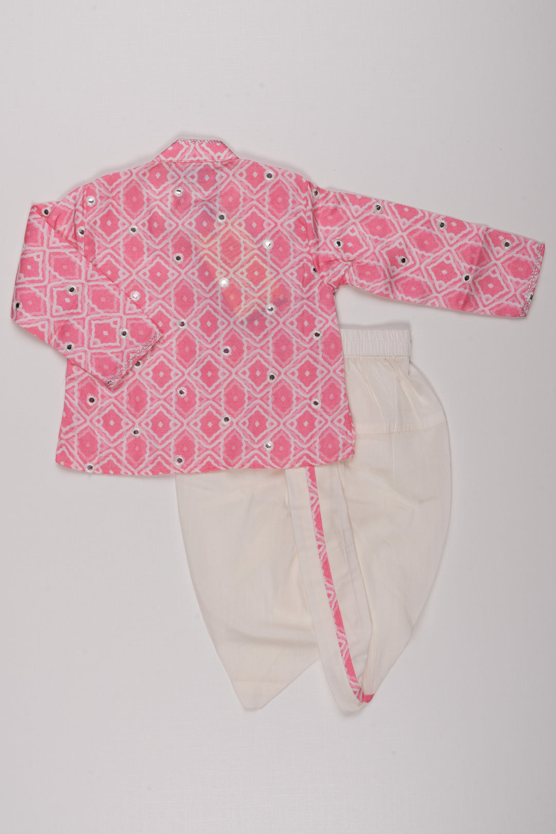 The Nesavu Boys Dothi Set Pink Passion: Mirror-Embroidered Geometric Printed Kurta & Panjagacham Set for Boys Nesavu Silk Kurta with Dhoti for Boys | The Nesavu