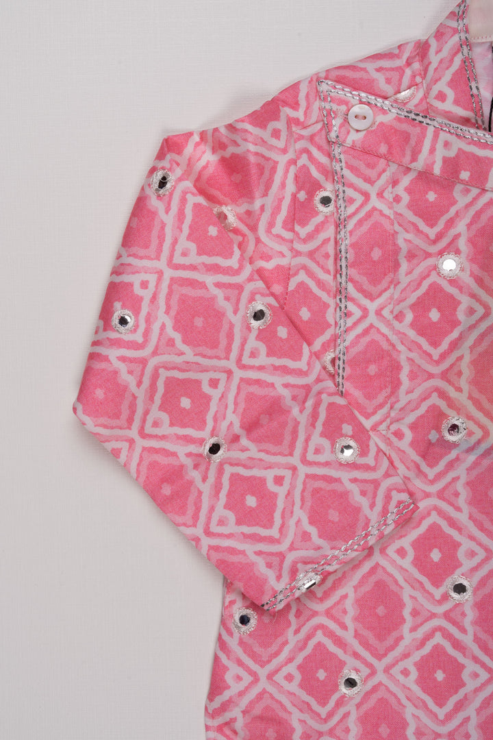 The Nesavu Boys Dothi Set Pink Passion: Mirror-Embroidered Geometric Printed Kurta & Panjagacham Set for Boys Nesavu Silk Kurta with Dhoti for Boys | The Nesavu