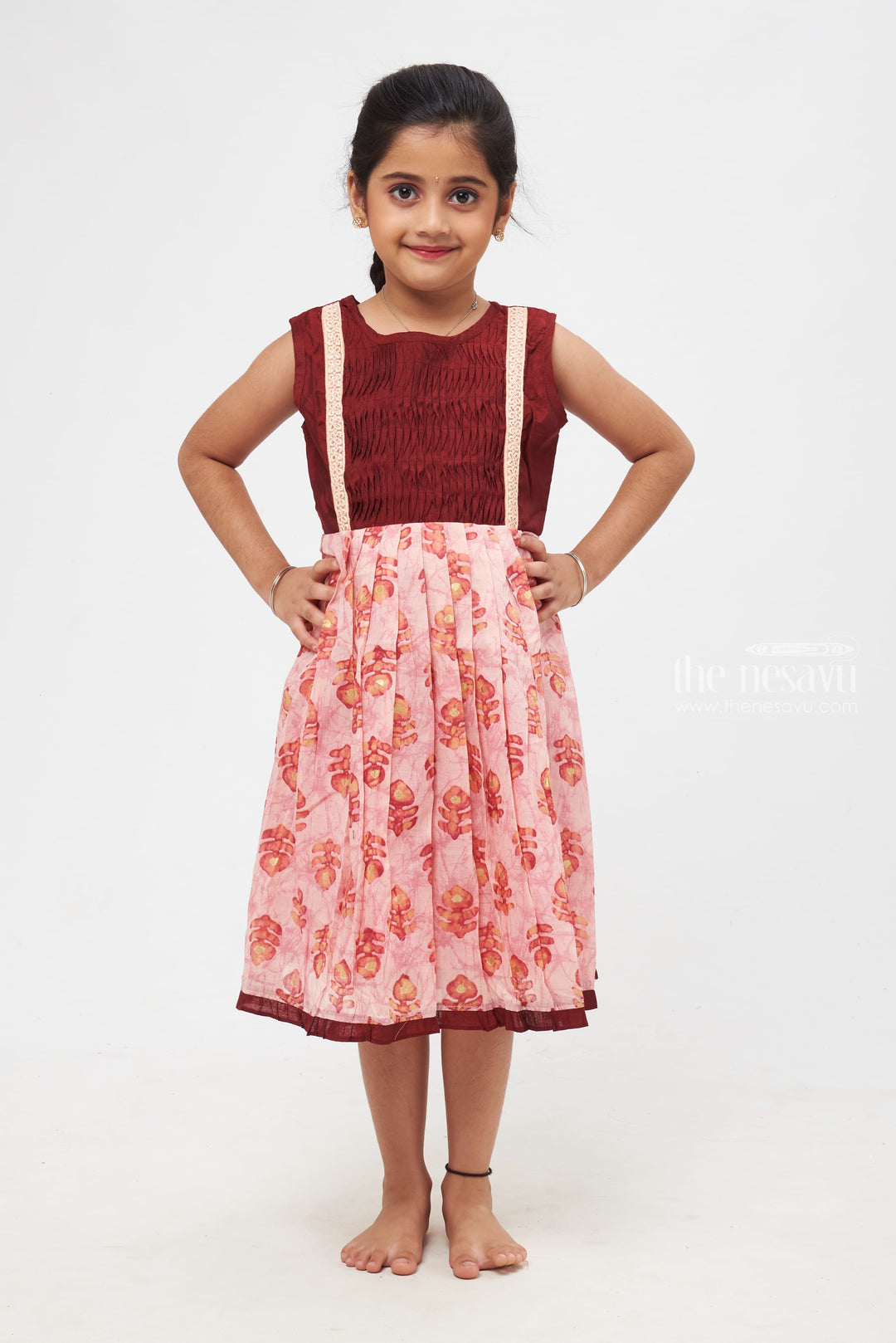 The Nesavu Girls Cotton Frock Pink Peacock Feather Delight with Lace Accents Cotton Frocks for Girls Nesavu 14 (6M) / Pink / Cotton GFC1166B-14 Pink Cotton Dress with Peacock Feather Motifs | Timeless Elegance for Little Girls | The Nesavu