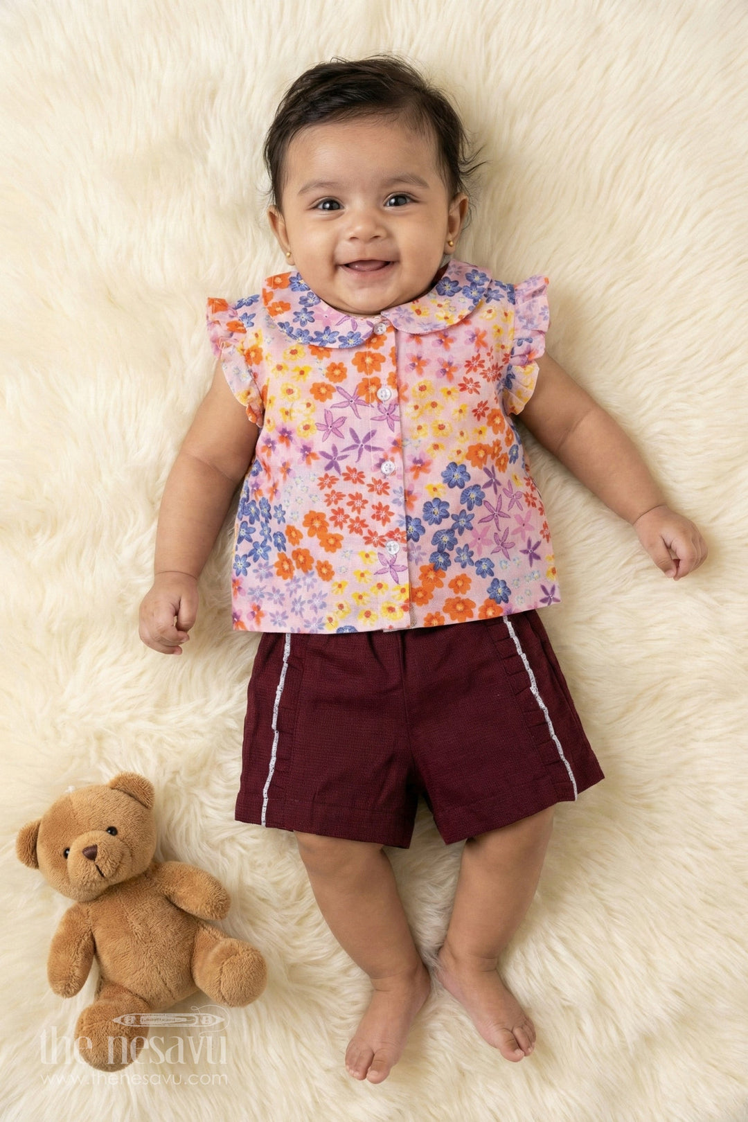 The Nesavu Girls Casual Set Pink Perfection: Floral Print Shirt with Maroon Shortsadorable Duo for Little Princesses Nesavu 14 (6M) / Maroon / Cotton BFJ475A-14 Soft and Comfortable Dress for Infants Online | The Nesavu