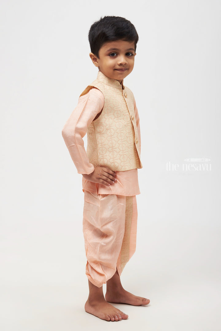 The Nesavu Boys Jacket Sets Pink Perfection Resham Embroidered Overcoat & Delicate Pink Kurta with Panchagajam Set for Boys Nesavu 12 (3M) / Green / Silk Blend BES386B-12 Boys Kurta with Dhoti | Perfect for Festive Occasions | The Nesavu