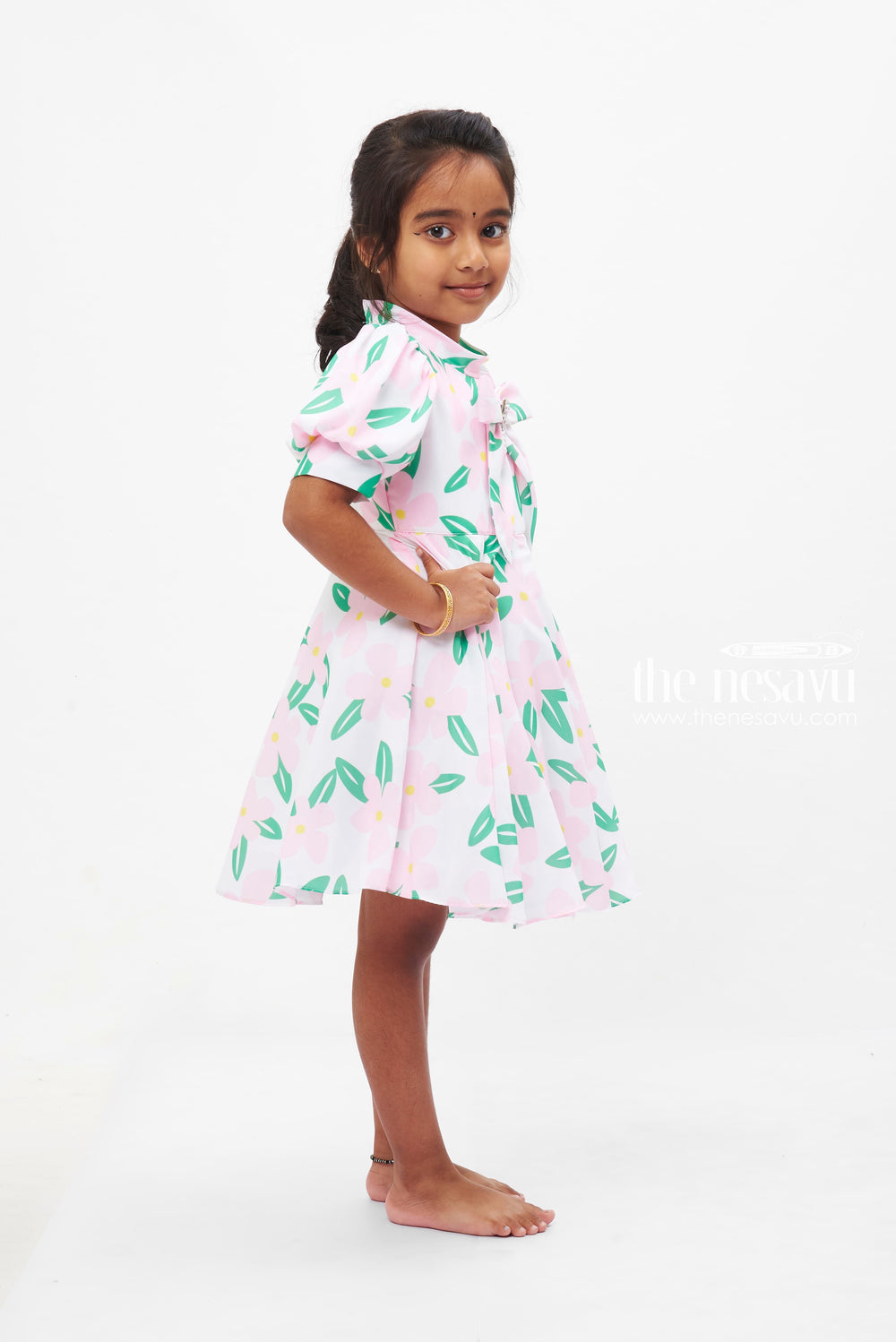 The Nesavu Girls Fancy Frock Pink Petal Perfection Frock with Floral Accents for Girls Nesavu Girls Floral Print Frock | Pink Petal Perfection with Jewel Accent | The Nesavu