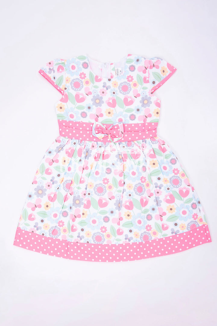 The Nesavu Girls Fancy Frock Pink Polka Dot and Floral Frock with Bow Embellishment Nesavu 20 (3Y) / Pink GFC1376A-20 Pink Polka Dot and Floral Frock with Bow Embellishment for Girls - Nesavu