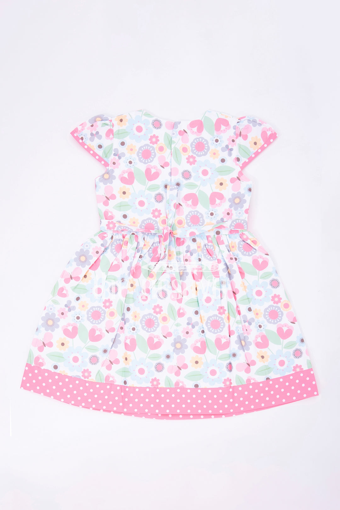 The Nesavu Girls Fancy Frock Pink Polka Dot and Floral Frock with Bow Embellishment Nesavu Pink Polka Dot and Floral Frock with Bow Embellishment for Girls - Nesavu