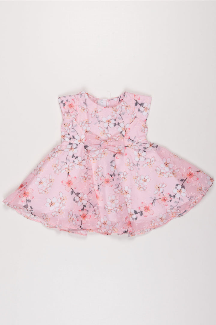 The Nesavu Girls Fancy Frock Pink Sakura Charm Frock: Girls' Blossom Print Dress with Bow Detail Nesavu 16 (1Y) / Pink GFC1189A-16 Girls Pink Cherry Blossom Dress | Cap Sleeve Frock with Bow | Spring Party Attire | The Nesavu