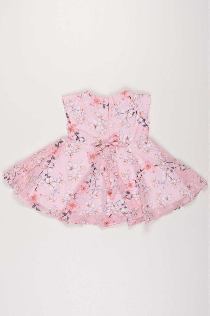 The Nesavu Girls Fancy Frock Pink Sakura Charm Frock: Girls' Blossom Print Dress with Bow Detail Nesavu Girls Pink Cherry Blossom Dress | Cap Sleeve Frock with Bow | Spring Party Attire | The Nesavu