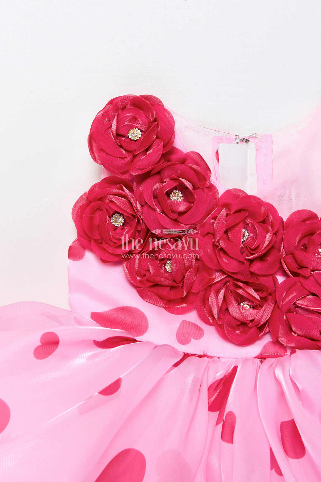 The Nesavu Girls Fancy Party Frock Pink Satin Party Frock with Floral Embellished Yoke Nesavu Nesavu pink floral embellished satin party frock girls