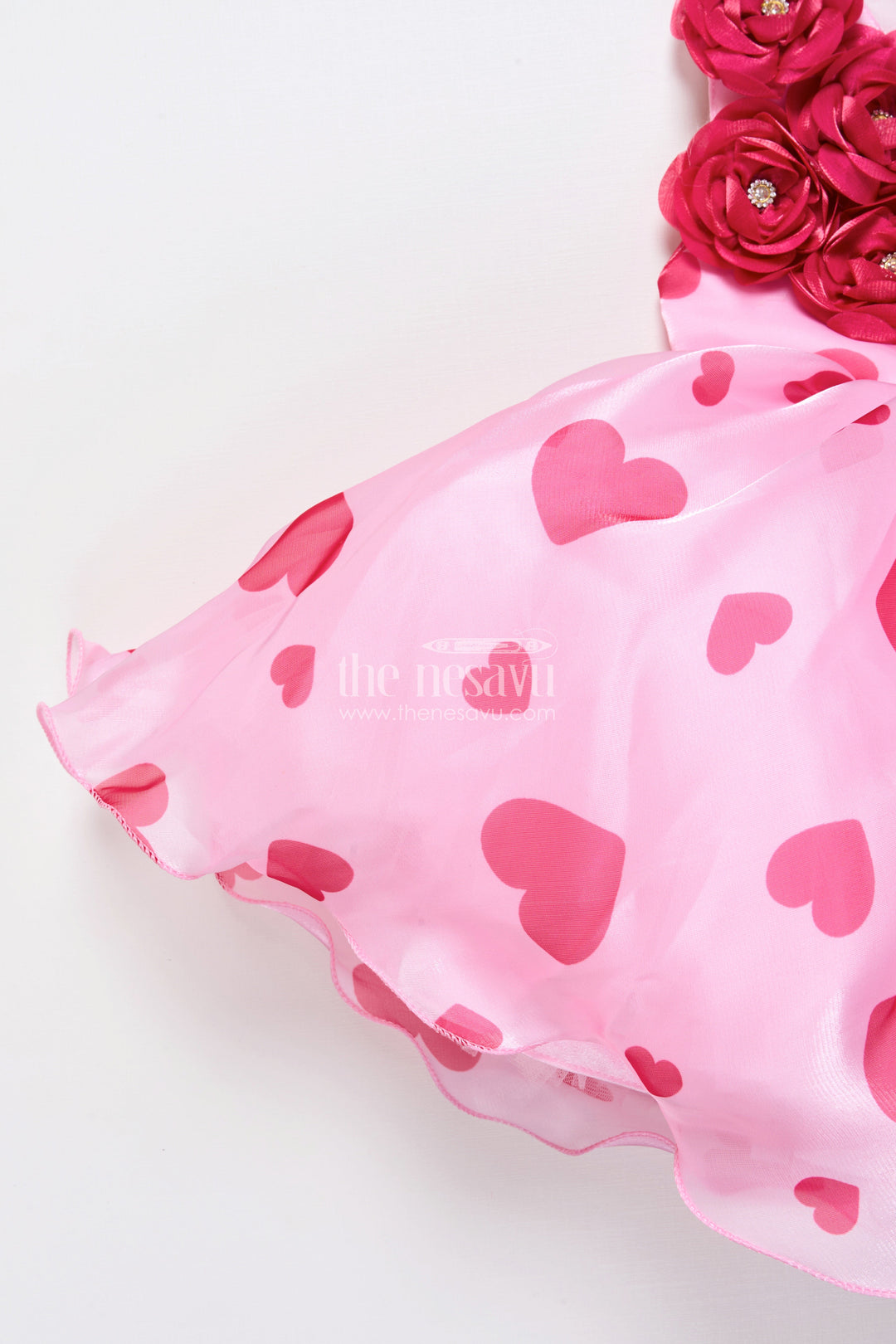 The Nesavu Girls Fancy Party Frock Pink Satin Party Frock with Floral Embellished Yoke Nesavu Nesavu pink floral embellished satin party frock girls