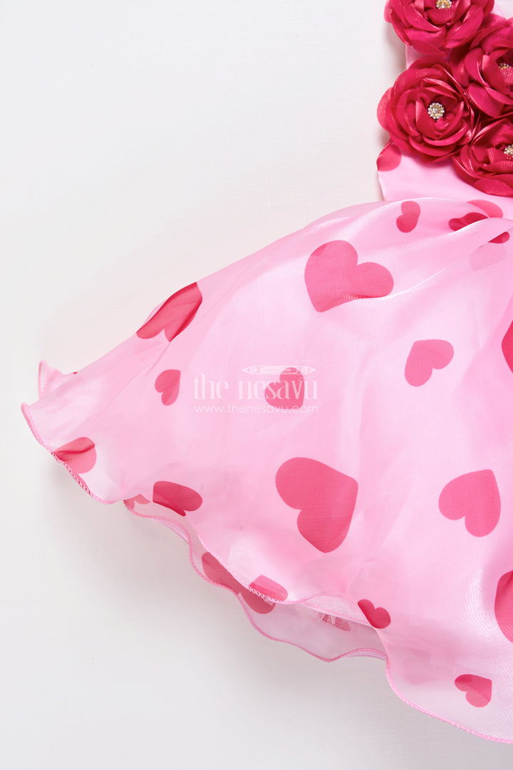 The Nesavu Girls Fancy Party Frock Pink Satin Party Frock with Floral Embellished Yoke Nesavu Nesavu pink floral embellished satin party frock girls