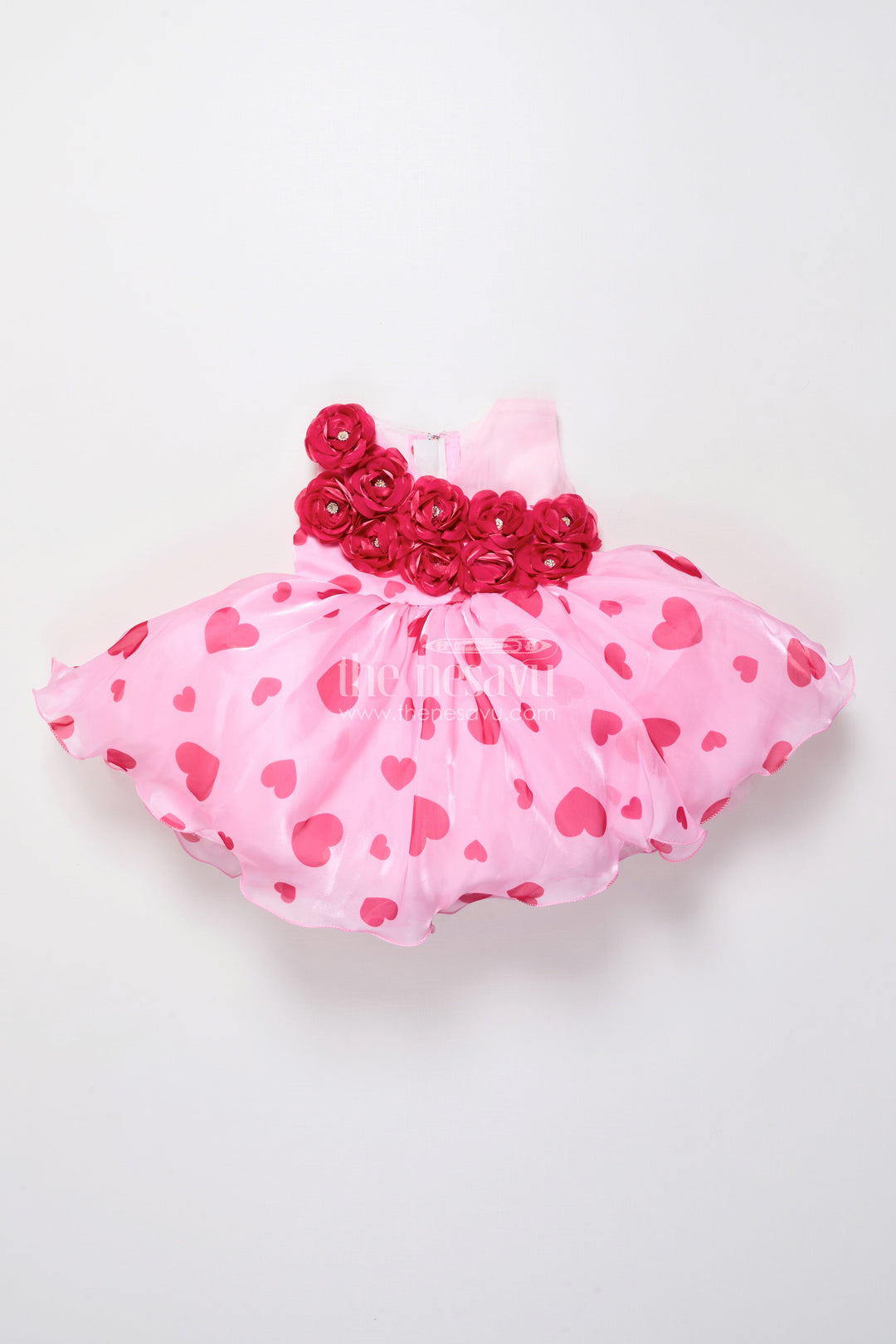 The Nesavu Girls Fancy Party Frock Pink Satin Party Frock with Floral Embellished Yoke Nesavu Nesavu pink floral embellished satin party frock girls