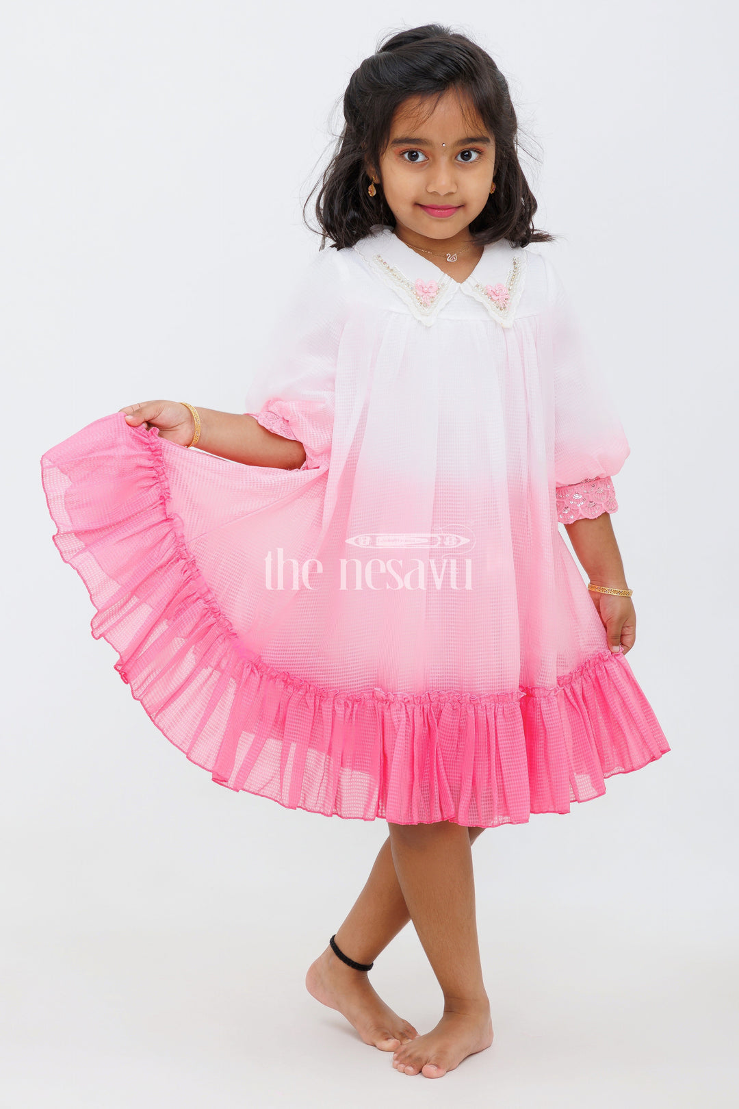 The Nesavu Girls Fancy Frock Pink Shaded Polysilk Organza Frock with Lace Detail for Girls Nesavu 16 (1Y) / Pink GFC1403C-16 Pink Shaded Polysilk Organza Frock with Lace Detail for Girls Nesavu