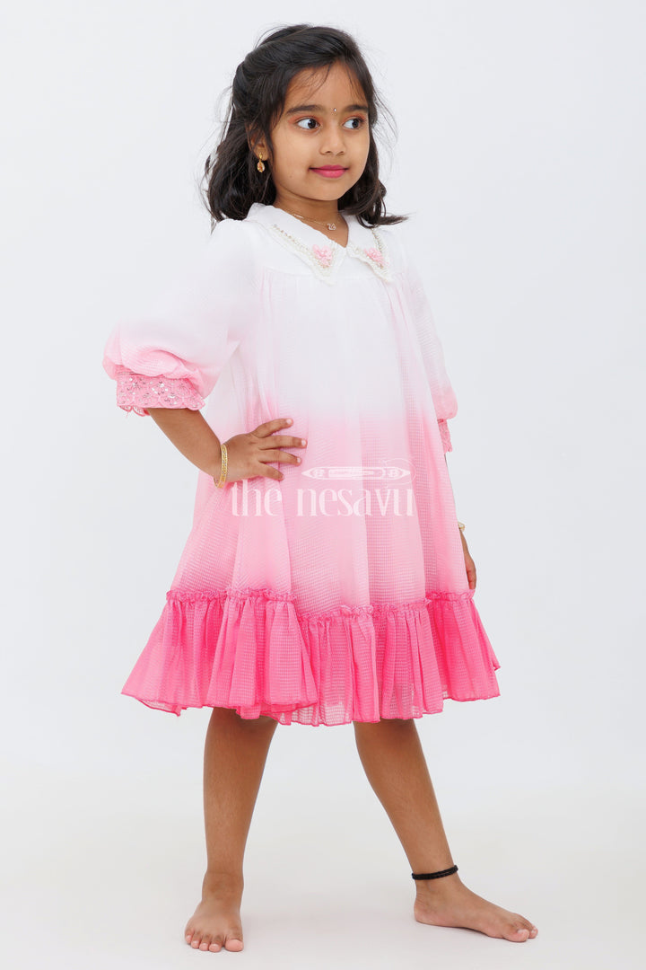 The Nesavu Girls Fancy Frock Pink Shaded Polysilk Organza Frock with Lace Detail for Girls Nesavu Pink Shaded Polysilk Organza Frock with Lace Detail for Girls Nesavu