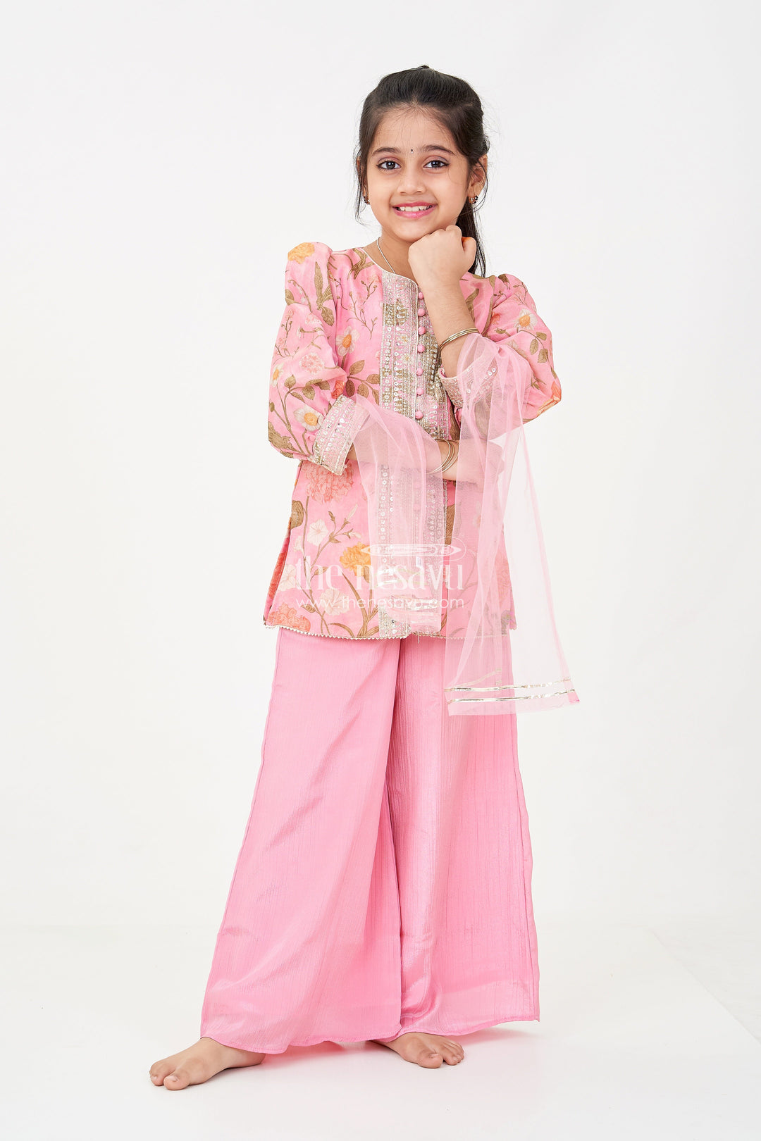 The Nesavu Girls Sharara / Plazo Set Pink Sharara Set for Girls with Organza Digital Print Top and Sequin Embroidery Accents Nesavu 22 (4Y) / Pink GPS584B-22 Girls Pink Sharara Set Floral Digital Print Organza Top Sequin Embroidery | The Nesavu