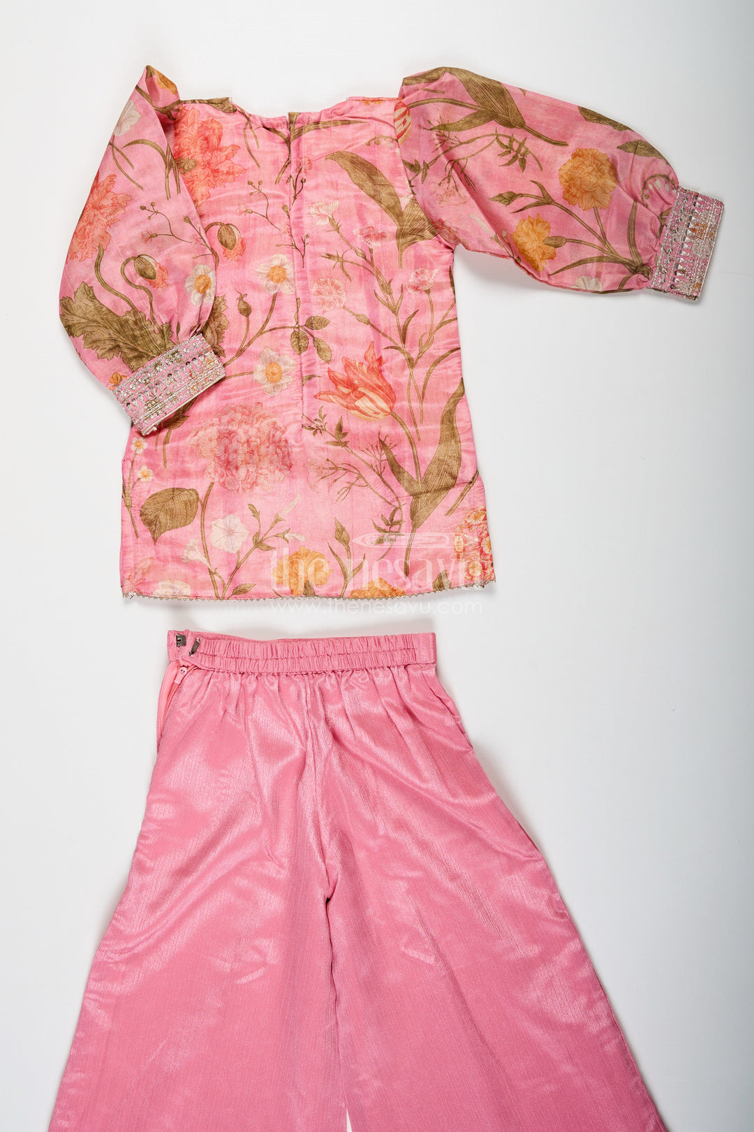 The Nesavu Girls Sharara / Plazo Set Pink Sharara Set for Girls with Organza Digital Print Top and Sequin Embroidery Accents Nesavu Girls Pink Sharara Set Floral Digital Print Organza Top Sequin Embroidery | The Nesavu