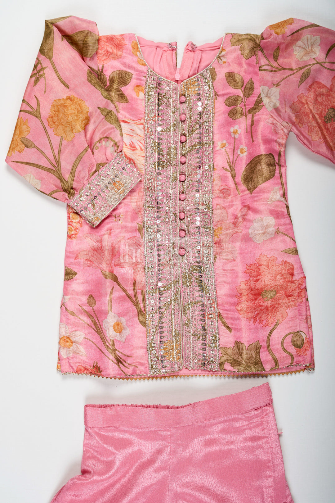 The Nesavu Girls Sharara / Plazo Set Pink Sharara Set for Girls with Organza Digital Print Top and Sequin Embroidery Accents Nesavu Girls Pink Sharara Set Floral Digital Print Organza Top Sequin Embroidery | The Nesavu