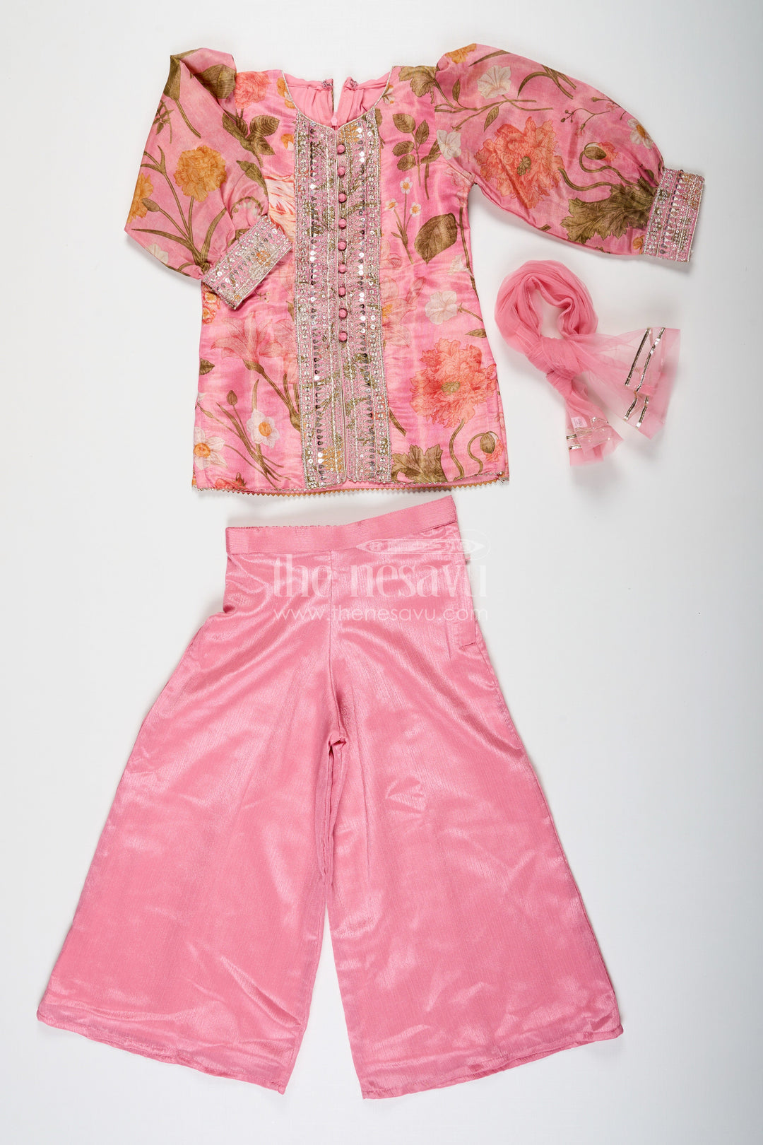 The Nesavu Girls Sharara / Plazo Set Pink Sharara Set for Girls with Organza Digital Print Top and Sequin Embroidery Accents Nesavu Girls Pink Sharara Set Floral Digital Print Organza Top Sequin Embroidery | The Nesavu
