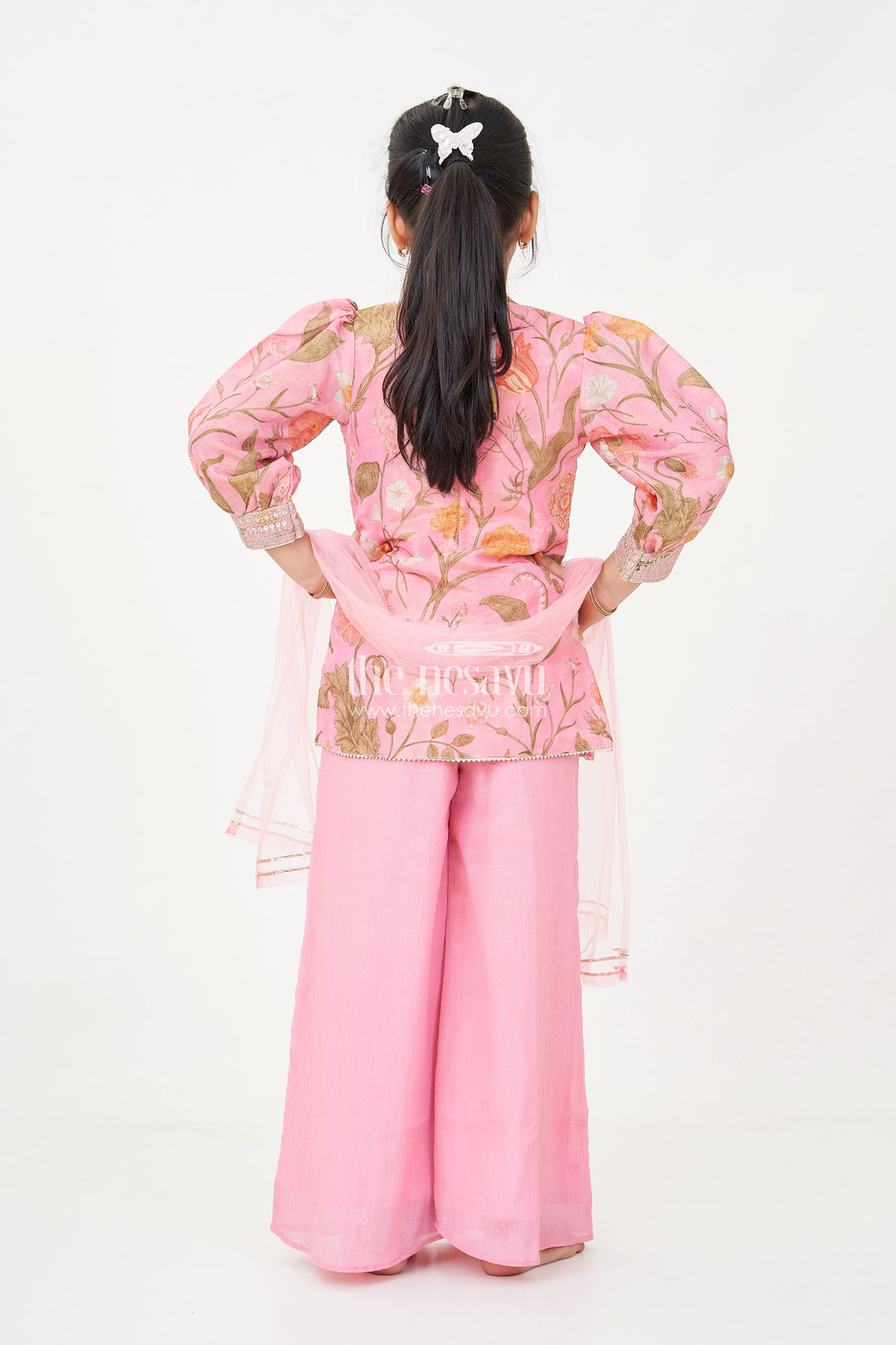 The Nesavu Girls Sharara / Plazo Set Pink Sharara Set for Girls with Organza Digital Print Top and Sequin Embroidery Accents Nesavu Girls Pink Sharara Set Floral Digital Print Organza Top Sequin Embroidery | The Nesavu