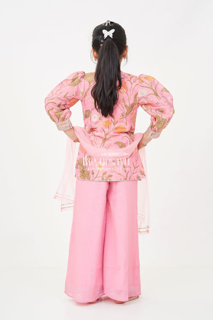 The Nesavu Girls Sharara / Plazo Set Pink Sharara Set for Girls with Organza Digital Print Top and Sequin Embroidery Accents Nesavu Girls Pink Sharara Set Floral Digital Print Organza Top Sequin Embroidery | The Nesavu