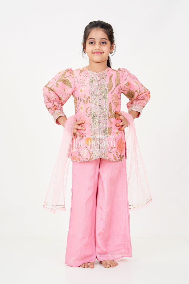 The Nesavu Girls Sharara / Plazo Set Pink Sharara Set for Girls with Organza Digital Print Top and Sequin Embroidery Accents Nesavu Girls Pink Sharara Set Floral Digital Print Organza Top Sequin Embroidery | The Nesavu