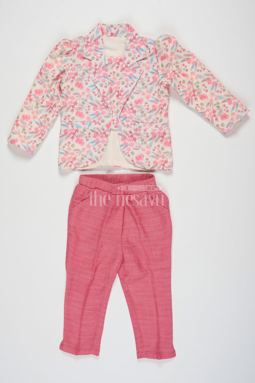 The Nesavu Girls Sharara / Plazo Set Pink Sharara with Floral Printed Jacket in Flax Cotton Blend, Perfect for Festive and Casual Wear Nesavu 18 (2Y) / Pink GPS471A-18 Chic Pink Sharara Floral Printed Jacket Flax Cotton Blend Nesavu Ideal Festive Casual Wear