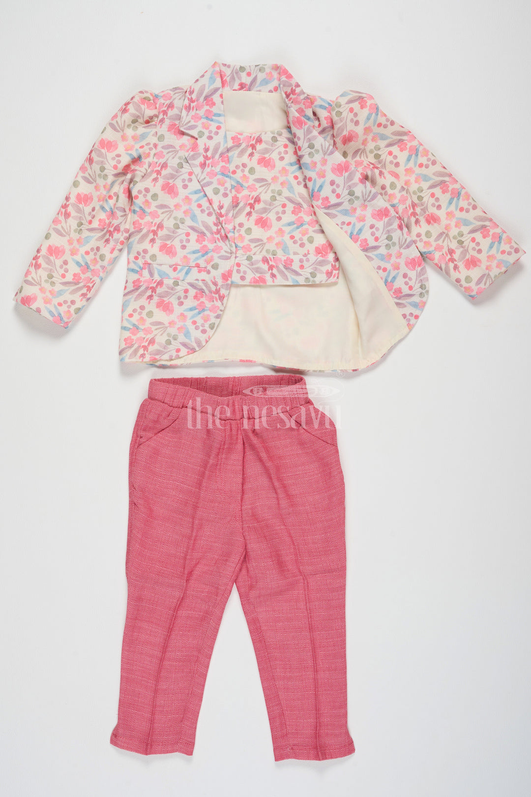 The Nesavu Girls Sharara / Plazo Set Pink Sharara with Floral Printed Jacket in Flax Cotton Blend, Perfect for Festive and Casual Wear Nesavu Chic Pink Sharara Floral Printed Jacket Flax Cotton Blend Nesavu Ideal Festive Casual Wear