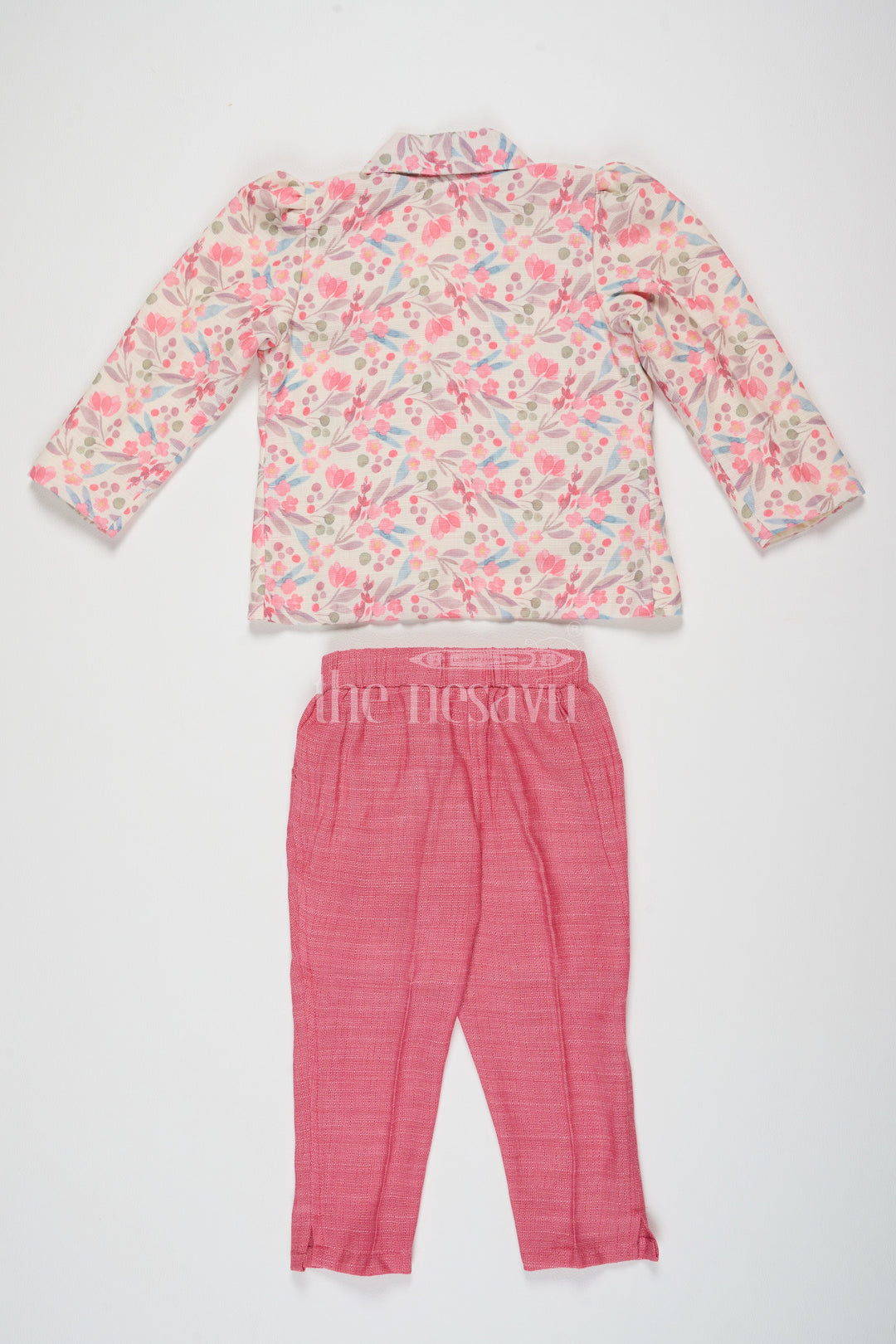 The Nesavu Girls Sharara / Plazo Set Pink Sharara with Floral Printed Jacket in Flax Cotton Blend, Perfect for Festive and Casual Wear Nesavu Chic Pink Sharara Floral Printed Jacket Flax Cotton Blend Nesavu Ideal Festive Casual Wear